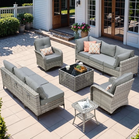 XIZZI 10-Piece Wicker Patio Furniture Outdoor Sectional with Swivel Rocking Chair Rattan Outdoor Conversation Set Patio Sectional Sofa with Coffee Table for Balcony Porch Backyard Dark Gray