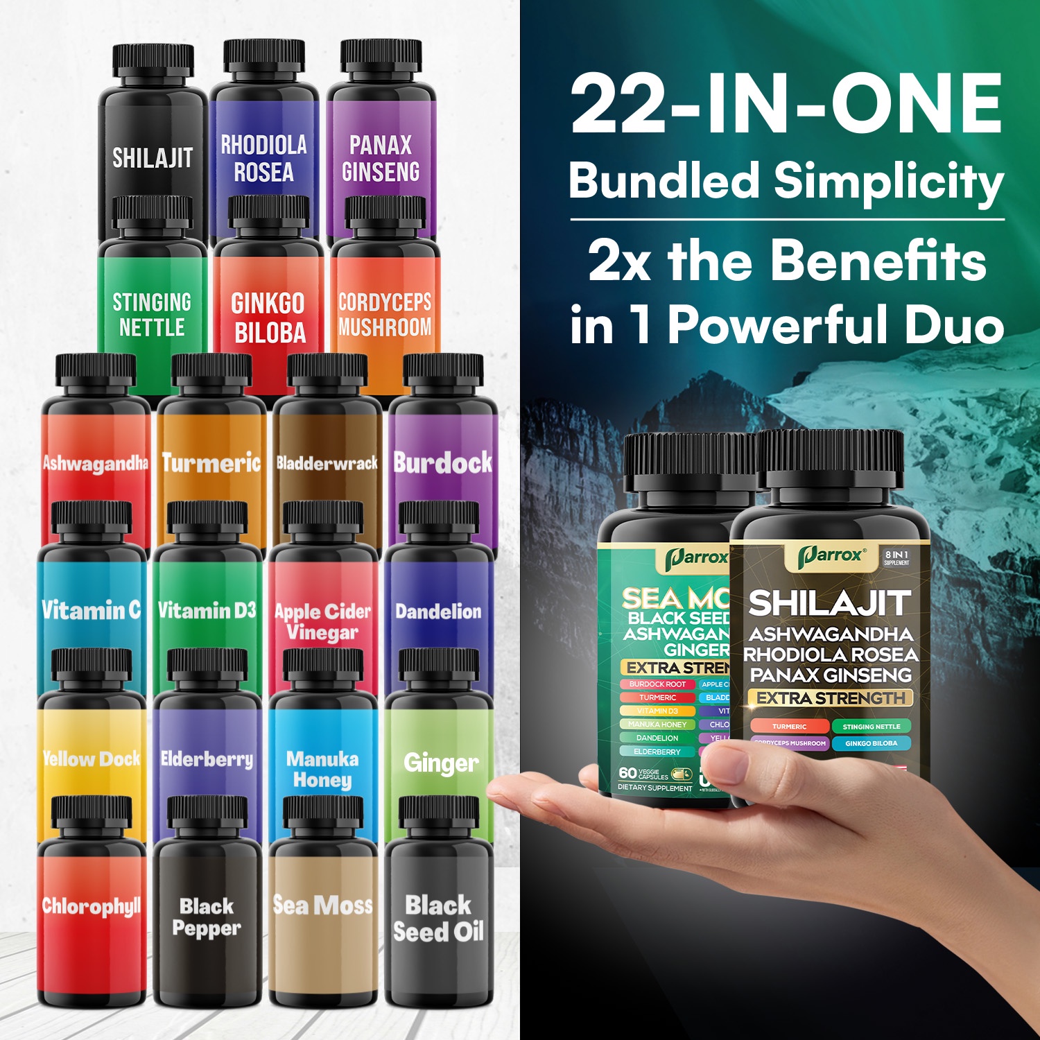 Dynamic Vitality Bundle, Sea Moss, Black Seed Oil, Ashwagandha, Ginger, Turmeric, Dandelion, Shilajit, Panax Ginseng, Rhodiola Rosea, Cordyceps Mushroom, All-in-One Supplements Duo (3 Pack)