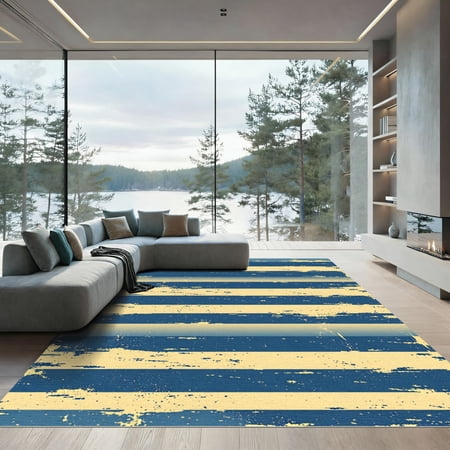 ODIKA 4'x6' Machine Washable Non-Slip Area Rug, Distressed Navy Blue High Traffic Rug, Blue, 1169800