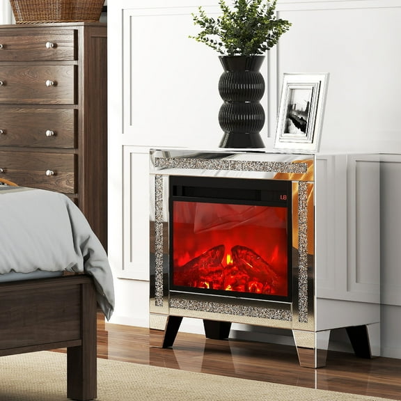Silver Mirrored End Table with Electric Fireplace Heater, Side Table Nightstand with 7 Colors, Remote Control