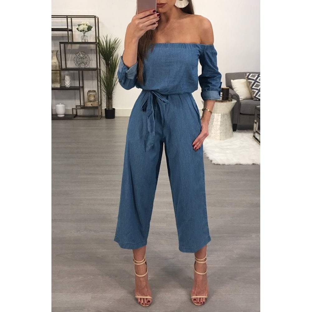 off the shoulder denim jumpsuit