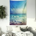 thumbnail image 3 of Ocean Tapestry, Tropical Island Paradise Beach at Sunset Time with Waves and the Misty Sea Image, Wall Hanging for Bedroom Living Room Dorm Decor, 40W X 60L Inches, Cream Turquoise, by Ambesonne, 3 of 5