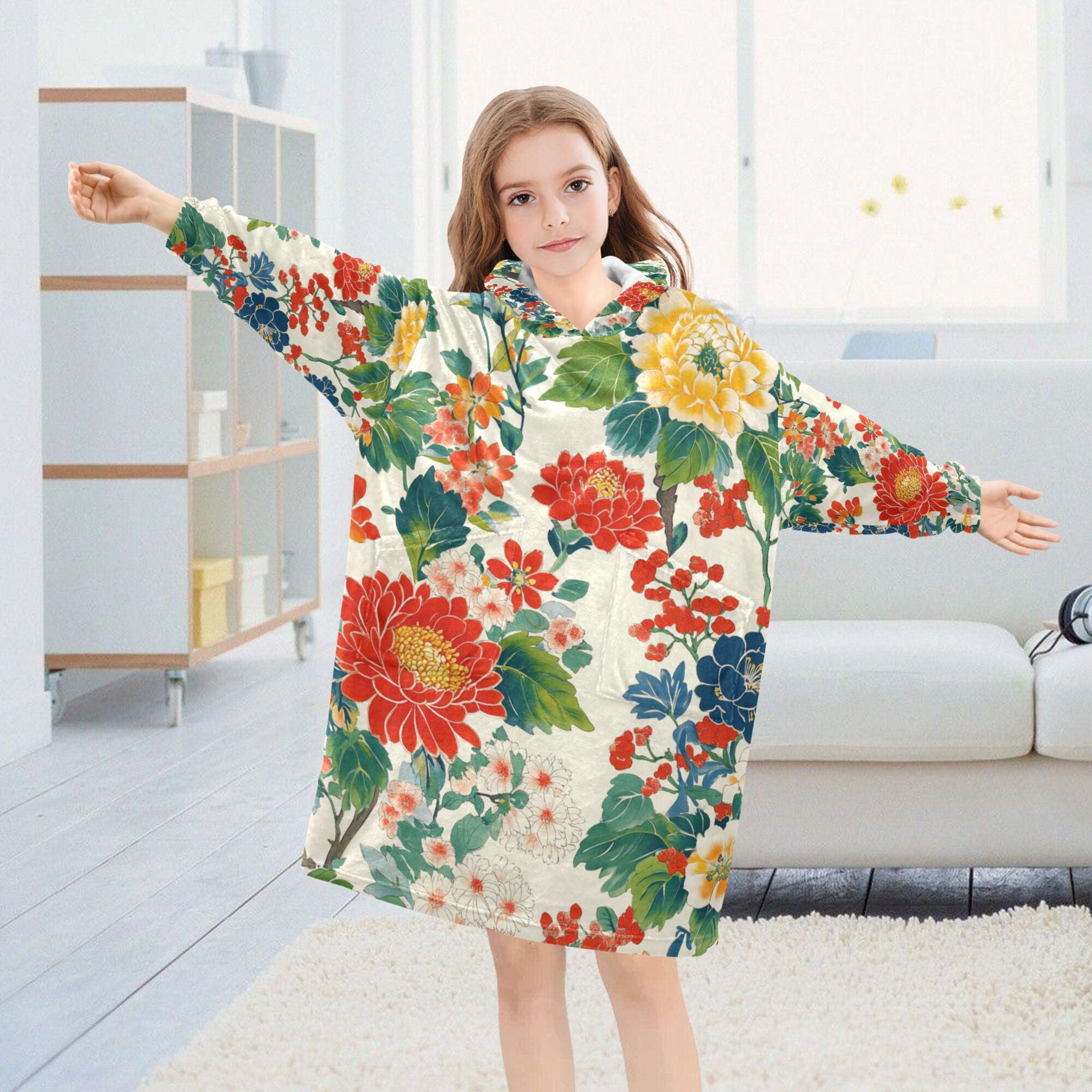 FORMRS Wearable Blanket Hoodie with Sleeves for Kids Cozy Flannel Sweatshirt, Colorful Flowers Pattern