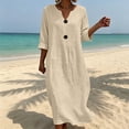 thumbnail image 2 of Women's Solid Midi Dress, Cowl Neck 3/4 Sleeve Button Detail Loose Casual Dress with Side Pockets for Summer Daily Outfits Beige XL(XL), 2 of 6