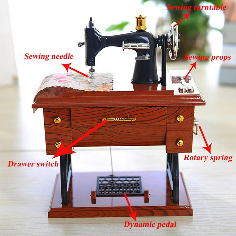 Vintage Music Box Mini Sewing Machine Style Mechanical Birthday Gift Table, Size: One Size