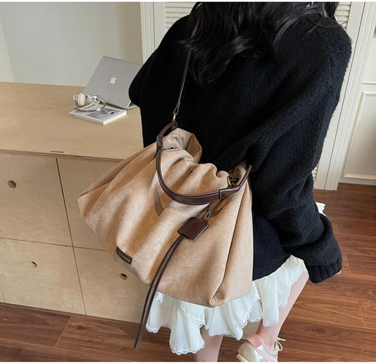 SPEKSEE Suede Bag for Woman Faux Suede Large Satchel Crossbody Tote Purse Drawstring Vintage Fall Winter Hobo Handbag