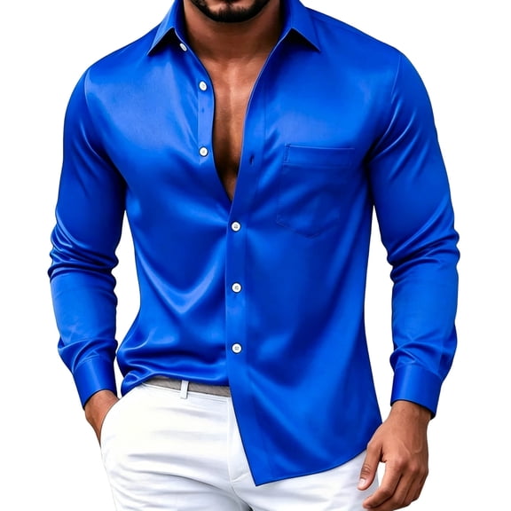 IROINNID Men Glossy Satin Turn Down Collar Long Sleeve Button Up Dress Shirt Single Chest Pocket Slim Fit Wrinkle Resistant Casual Business Daily Wear Top(Blue,2XL)