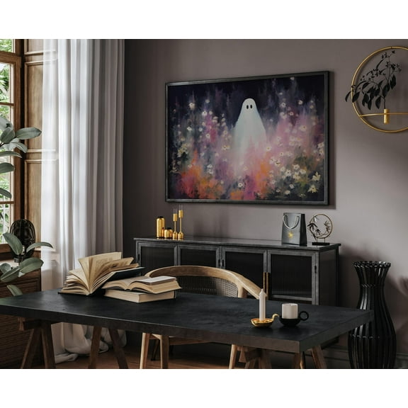 YaHaku Halloween Ghost in a Pink Meadow | Textured Painting Print | Horizontal Halloween Pink Flowers Wall Art | Spooky Season