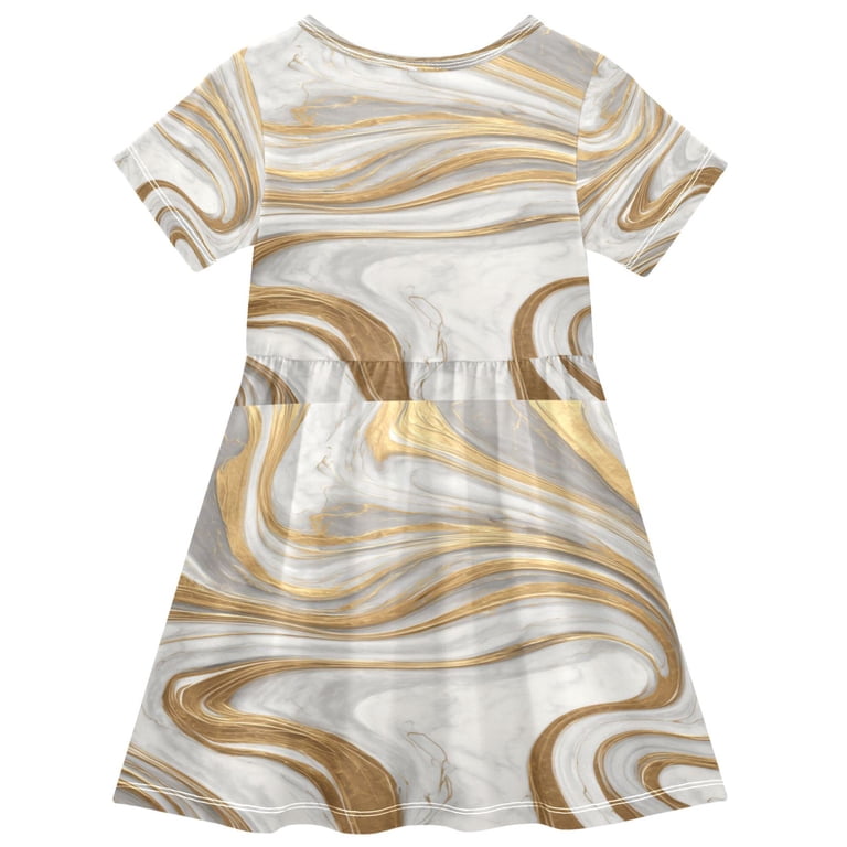 ttyfwhd Toddler Girls Short Sleeve Summer Dress, Cute Casual Print Dress for Girls 2-8 Years, Soft Breathable Comfortable Daily Beach Party Dress Gold