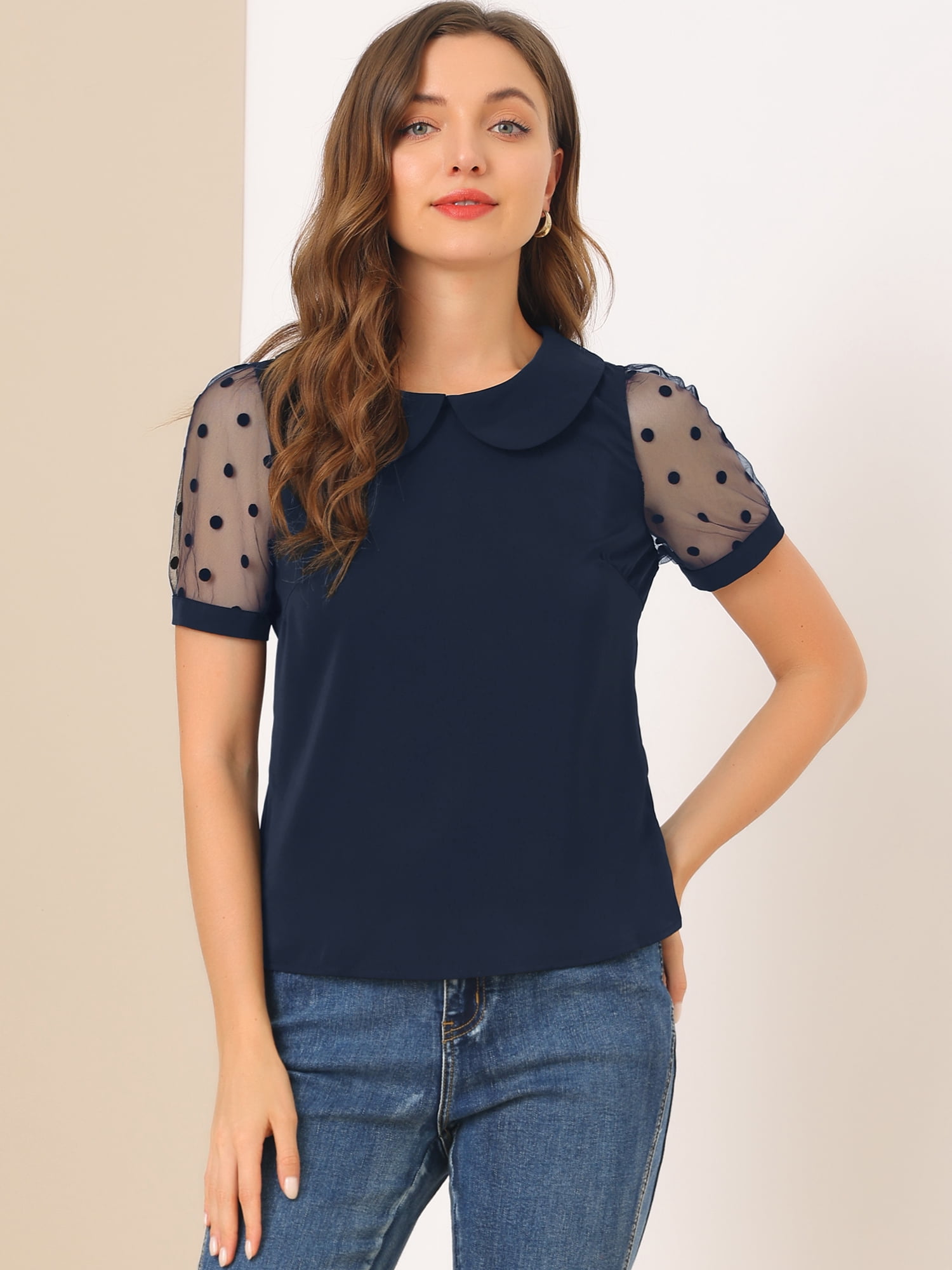 DARING DIVA Women's Polka Dots Mesh Peter Pan Collar Blouses XXL Navy Blue