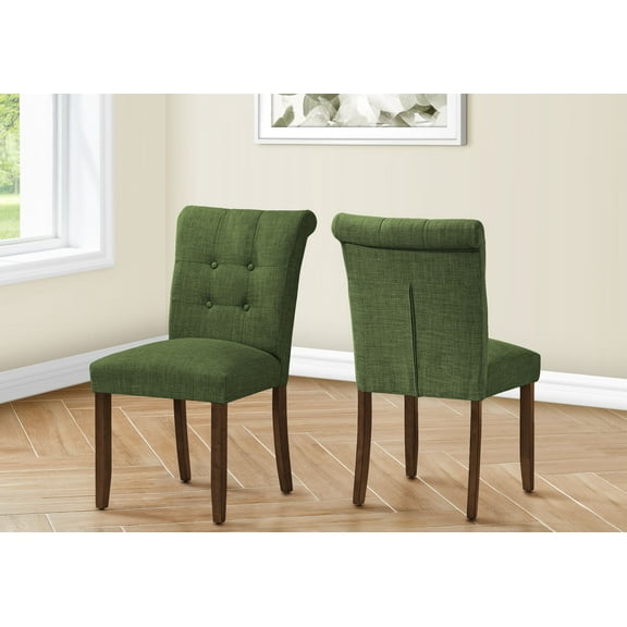 Living Room Chairs Dining Chair, 38" Height, Set Of 2, Upholstered, Dining Room, Side, Kitchen, Green Fabric, Walnut Wood Legs, Modern,Accent Chairs