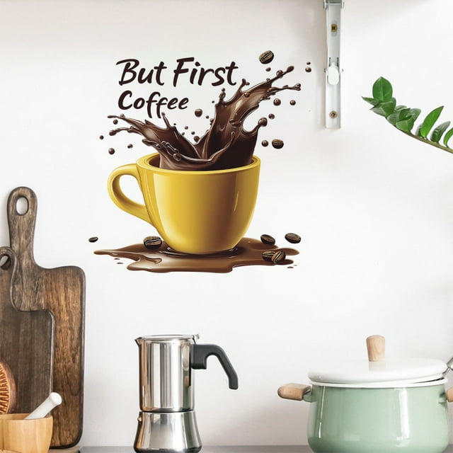 Adhesivos de pared Creative But First Coffee Yellow Coffee Taza