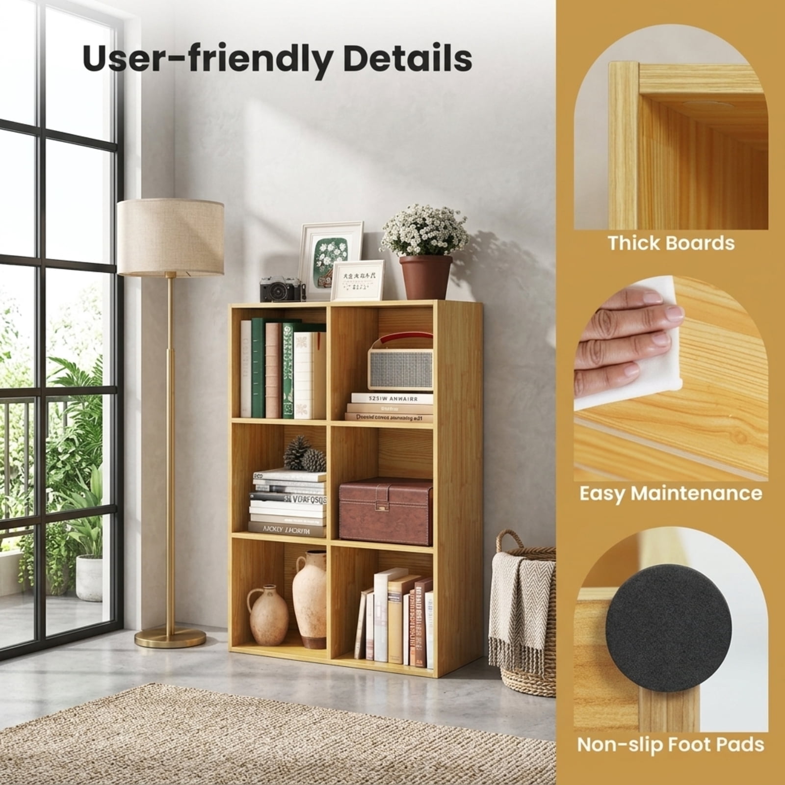 Furnibear Modern 6-Cube Bookcase Freestanding Storage Bookshelf with Anti-Tipping Kits for Bedroom and Living Room, Natural