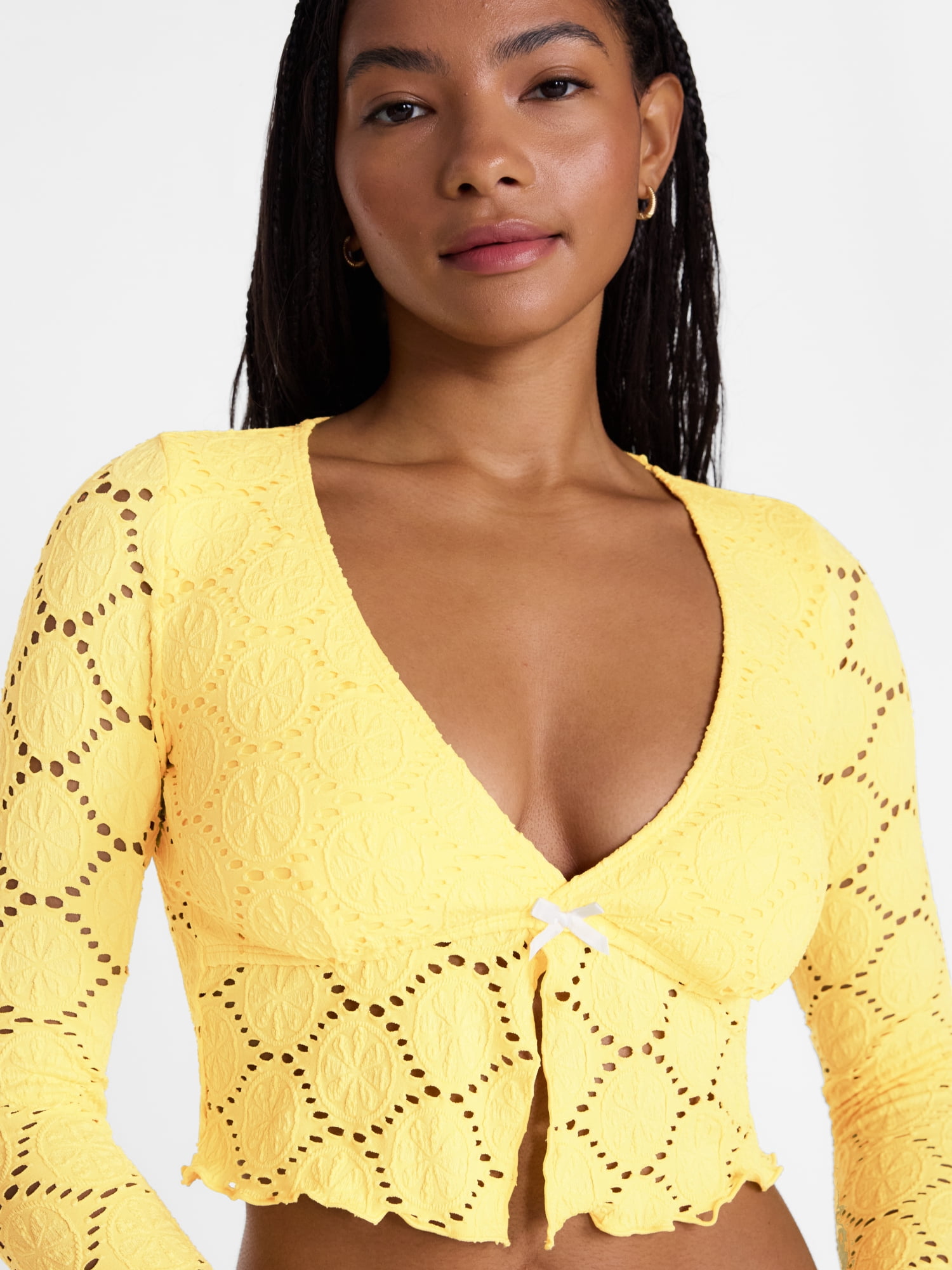 No Boundaries Lemon Eyelet Open Front Swim Rash Guard with Long Sleeves, Women's XXS-XXL