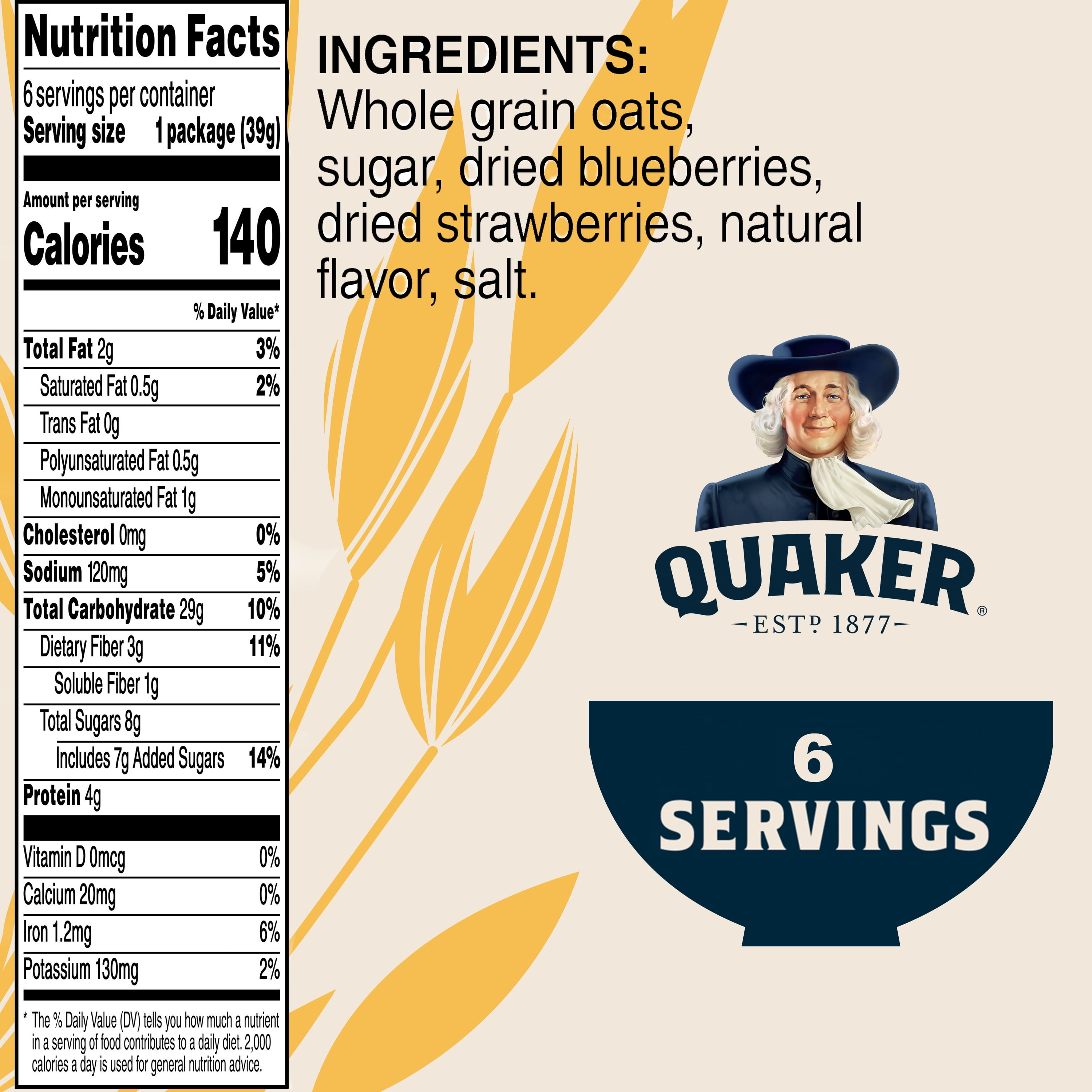 (6 pack) Quaker Instant Oatmeal, Blueberry & Strawberry, 1.37 oz Box, 6 Packets