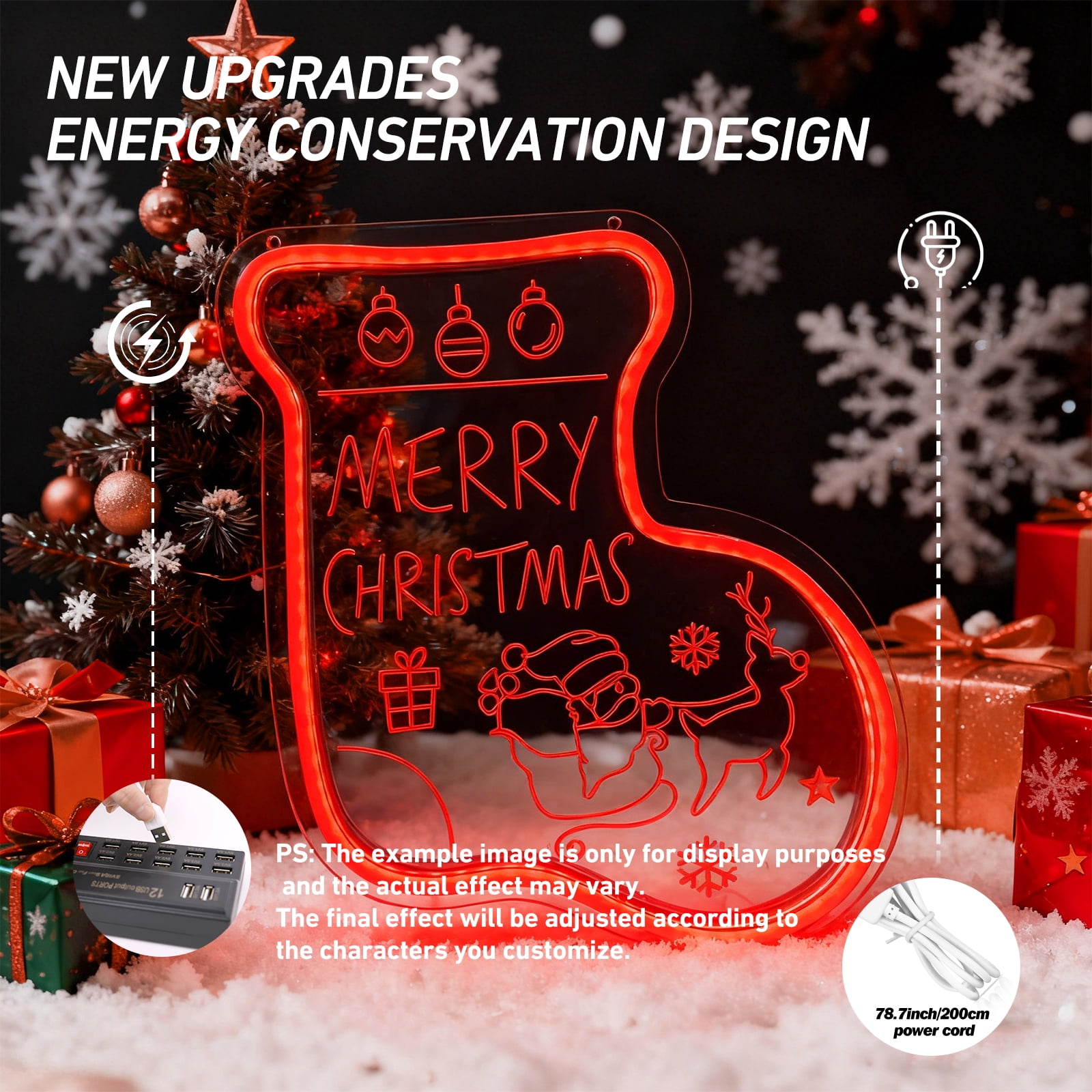 UPONRAY Christmas Stocking Neon Signs, 10.23"*11.81" Dimmable & USB-Powered LED Neon Light, Stylish Wall Decor for Christmas Tree, Bed Room, Living Room, Party, Bar