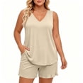 thumbnail image 2 of Women's V-Neck Sleeveless 2 Piece Casual Pajama Sets, Loose Flowy Tank Top & Ruffle Hem Elastic Shorts, Thin Lightweight All Season Wearable Daily Indoor | TruHer,Beige L, 2 of 7