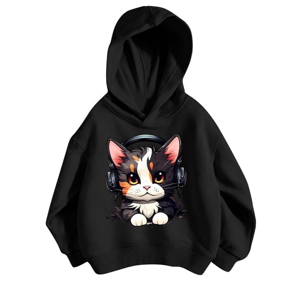 Eltusu Hoodies for Girls, Long Sleeve Printed Pullover Cotton Fall Sweatshirts Black Size 6 T