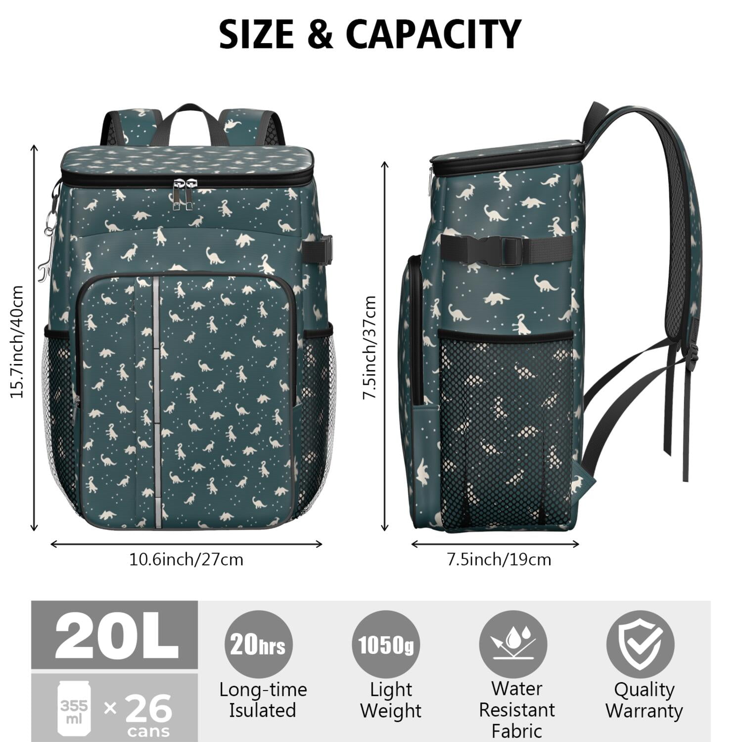 Travel Cooler Bag - DarkGreen Dinosaurs Pattern Camping Beer Cooler Backpack with Bottle Opener- Waterproof Insulated Picnic Backpacks - Cooler Bag for Beach