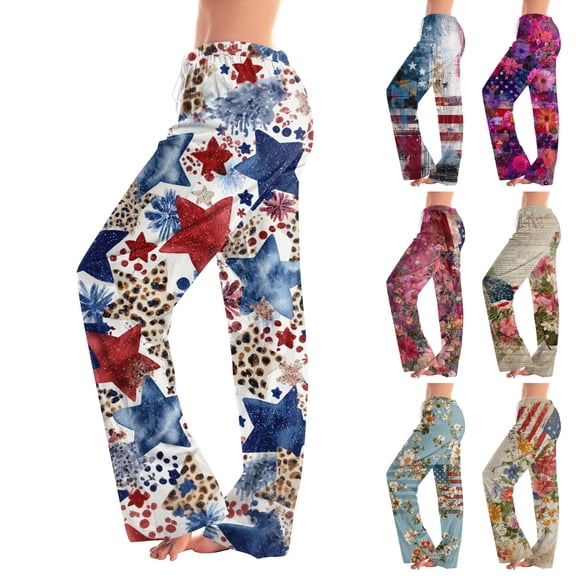 AHMOMEI 4th of July Women's Pajamas Pants Drawstring Straight Leg Lounge Pants for Women Red White and Blue Lounge Sleep Pant