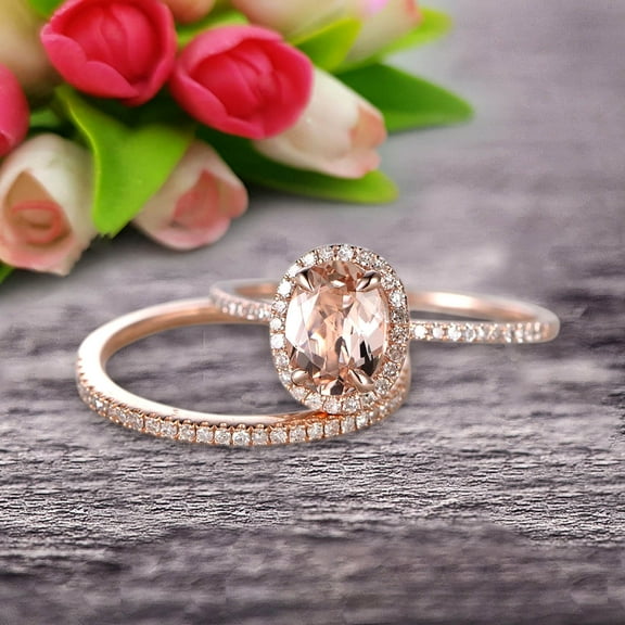 Bridal Set Oval Cut Gemstone 1.75 Carat Morganite Engagement Ring Wedding Ring On 10k Rose Gold Anniversary Gift Glaring Staggering Ring