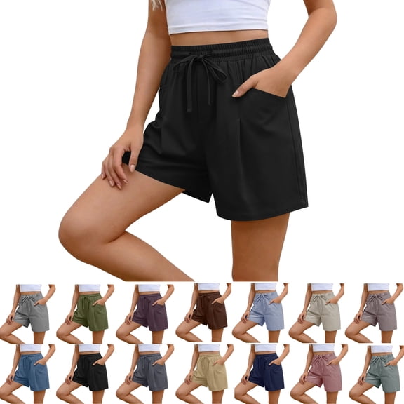 100% Cotton Shorts for Women Summer Casual Solid Color Elastic Waist Drawstring Wide Leg Baggy Workout Gym Shorts with Pockets Black S-2XL
