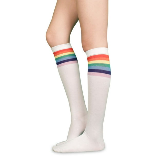 LAVRA Women's Pair of Colorful Rainbow Trimmed Knee High White Socks
