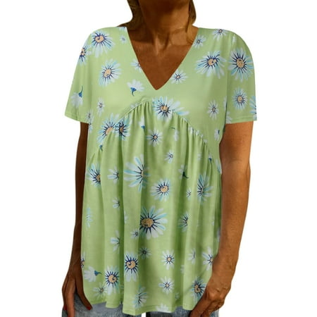 

JDEFEG T Shirts for Women Apparel Shirt Womens V Neck Short Sleeve Top T Shirt Print Pullover Short T Shirt Top Sleep Shirt Women Polyester Spandex Green M