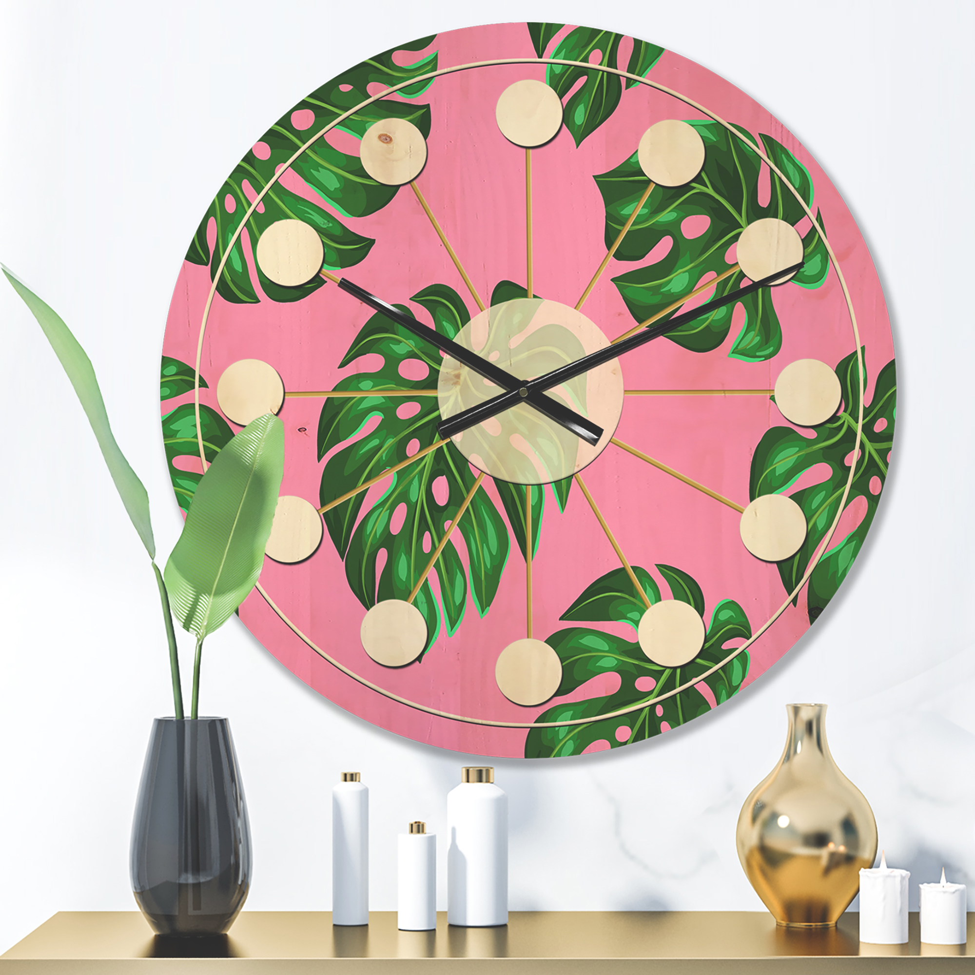 Designart 'Palm Tropical Leaves III' Mid-Century Modern Wood Wall Clock