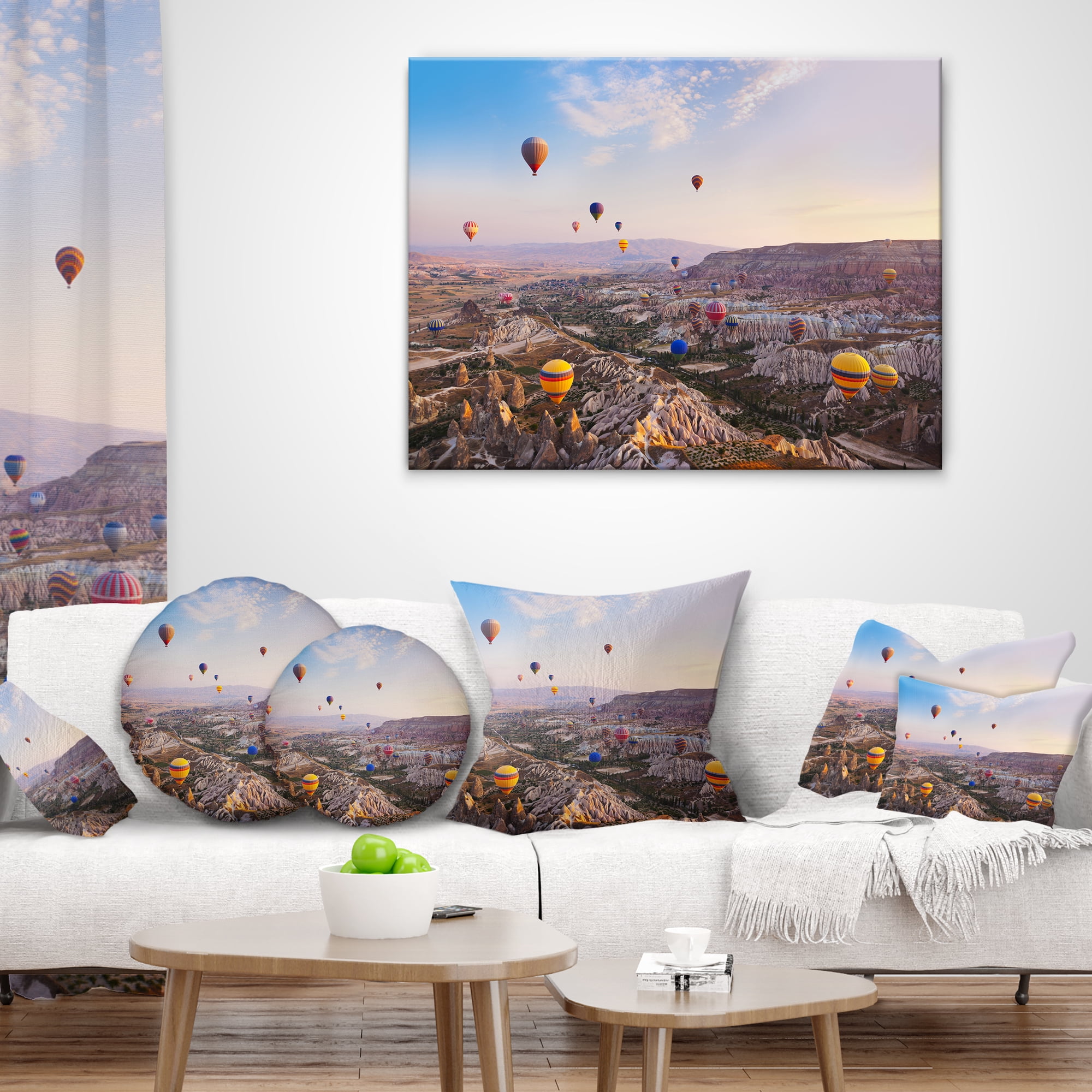 Designart Hot Air Balloon Flying - Photography Throw Pillow - 16x16
