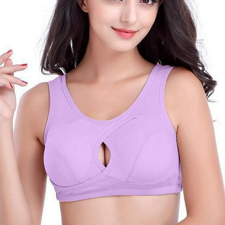 Wirefree Sports Bra Anti-Sagging Instant Lift Wirefree Bra Wide Shoulder Straps High Impact Cross-Ribbon for Cycling Running (Lavender XL)