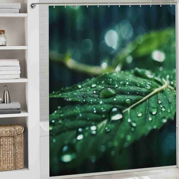 70x70 inch Green Leaf with Water Drops Shower Curtain, Waterproof Polyester Fabric with Hooks for Bathroom Decor