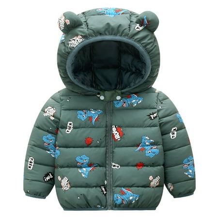 

Kid s Winter Puffer Jacket Printed Short Coat with Bear Ear Hood Zipper Closure Long Sleeve Toddler s Outwear Cartoon Dinosaur Water-Resistant Light-Weight 80cm Dark Green