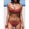thumbnail image 3 of Conjunto de bikini de 3 piezas con parte delantera fruncida, tirantes finos, parte superior de tiro medio, parte inferior de cintura baja, traje de baño, 3 of 4