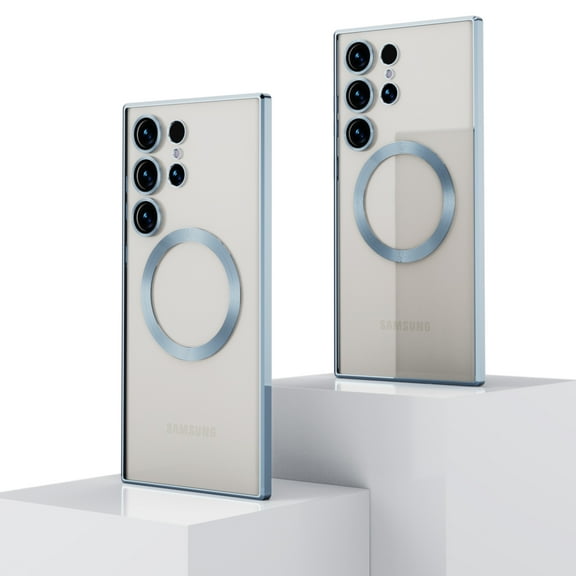 ELEHOLD for Samsung Galaxy S24 Ultra Plating Clear Magnetic Case,Slim Thin Ligtweight Compatible with Mag Safe Transparent Clear Cover with Camera Lens Protection Shockproof S24 Ultra Case,Blue