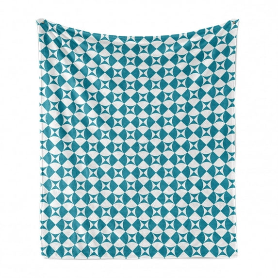 Crazy Art Soft Flannel Fleece Throw Blanket, Diagonal Circles in Squares Interpretation Graphical Abstract Design, Cozy Plush for Indoor and Outdoor Use, 70" x 90", Sea Blue and White, by Ambesonne