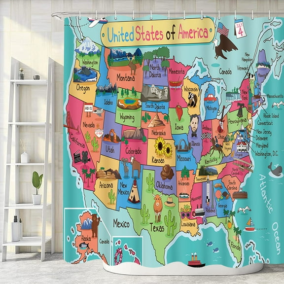 Kids Map of The United States Bath Curtain, Cartoon Fun Facts Geography USA Map, Polyester Fabric Waterproof Shower Curtain for Bathroom, Shower Curtains Hooks Included, Turquoise Red (69X70in)