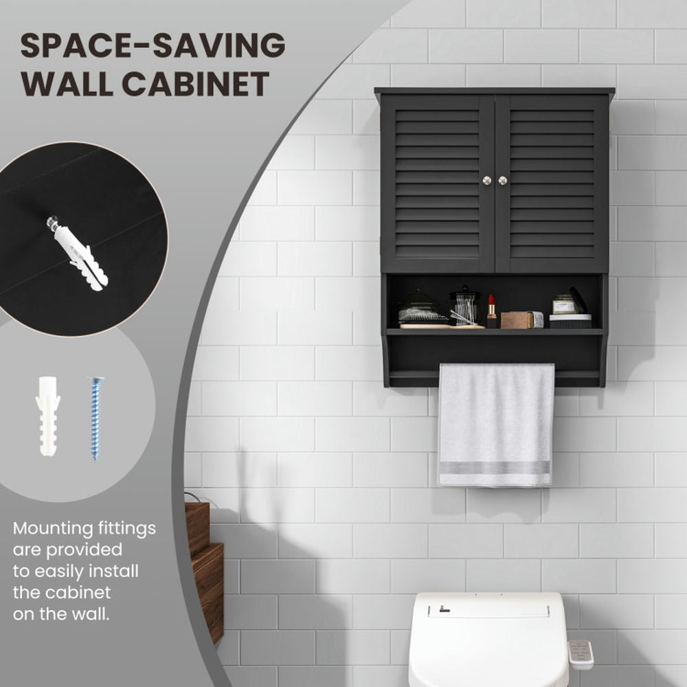 Finihen Wall Cabinet, Wall Mounted Bathroom Cabinet, Medicine Cabinet, 2-Doors Bathroom Wall-Mounted Medicine Cabinet with Towel Bar, for Kitchen Entryway Bathroom, Black