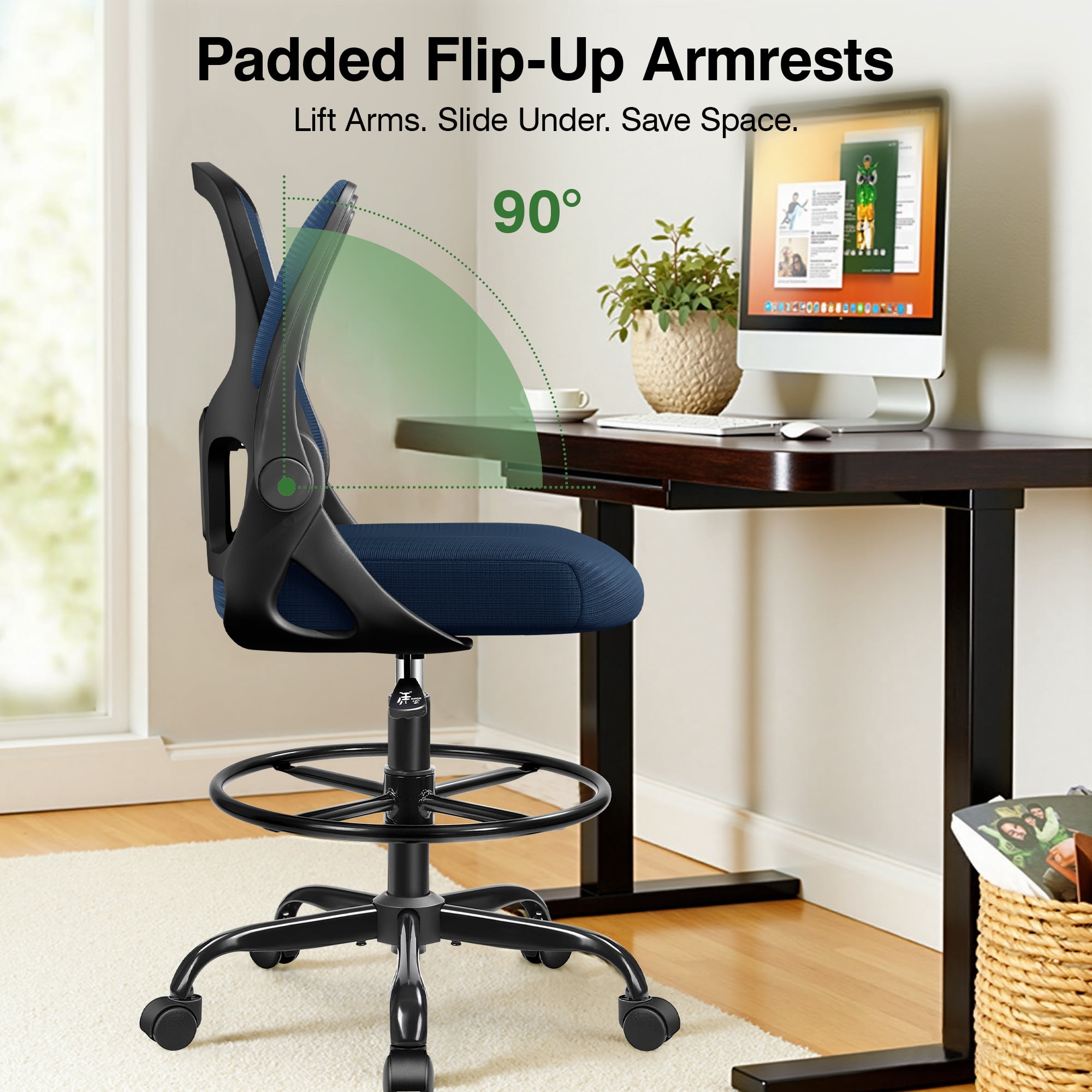 ATHOPE Office Chair Ergonomic Desk Chairs, Mesh Computer Chair with Flip-up Armrests, Adjustable Home Office Desk Chair with Lumbar Support Footrest Ring for Standing Desk, Navy Blue