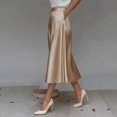 thumbnail image 3 of Morttic Women's Elegant Solid Color Silky Satin A-Line Midi Skirt – High Waist Flowy Swing Skirt with Hidden Side Pockets Khaki，XXL, 3 of 5