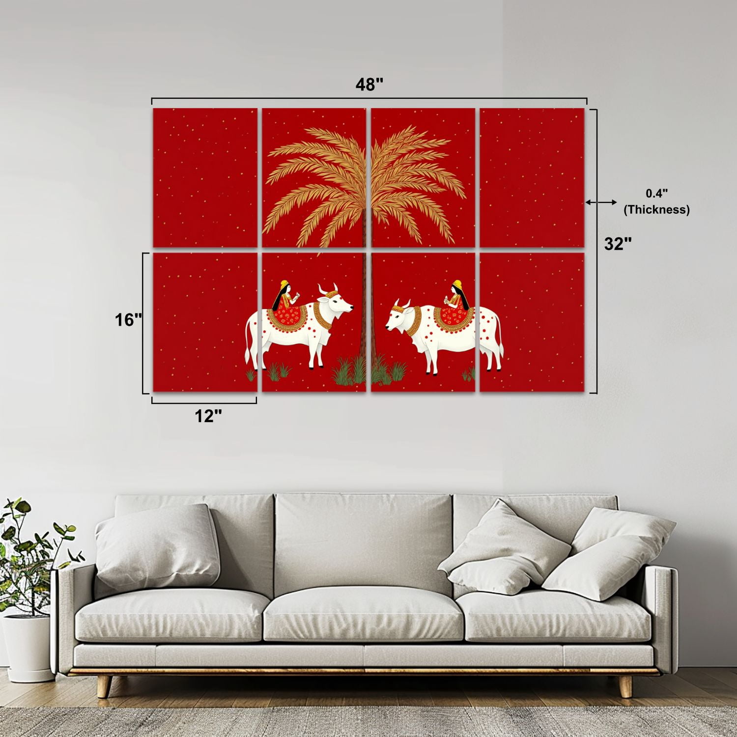 8 Pack Art Acoustic Panels Sound Absorbing Traditional Indian Art Cows Decorative Soundproof Wall Panels Self Adhesive for Nursery Game Room Bedroom 48"x32"