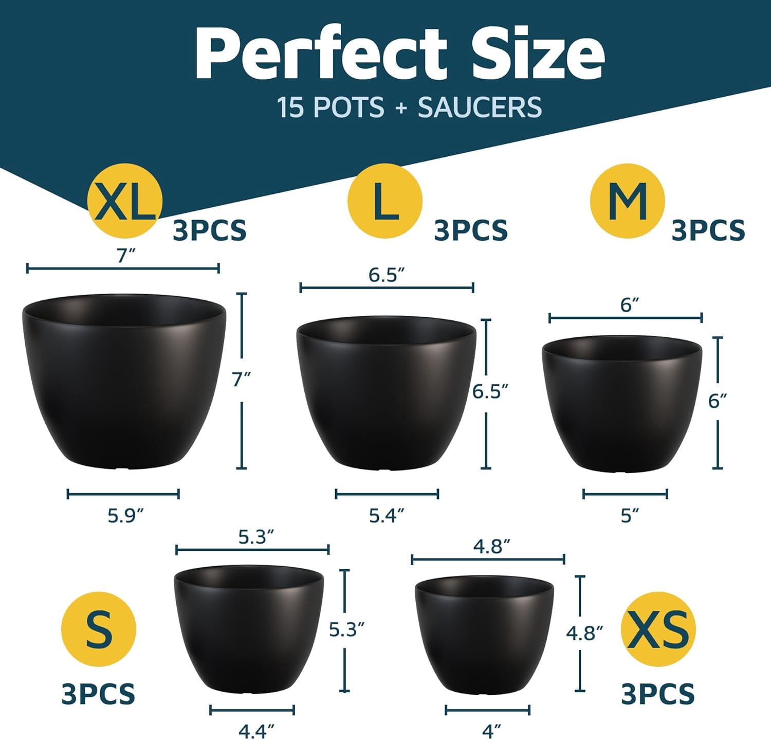 Black Plant Pots with Drainage Holes & Saucers 15 Packs, Indoor & Outdoor Stackable Plastic Planters in Multiple Sizes for Houseplants & Flowers, Durable & Weatherproof Materials, Matte Finish