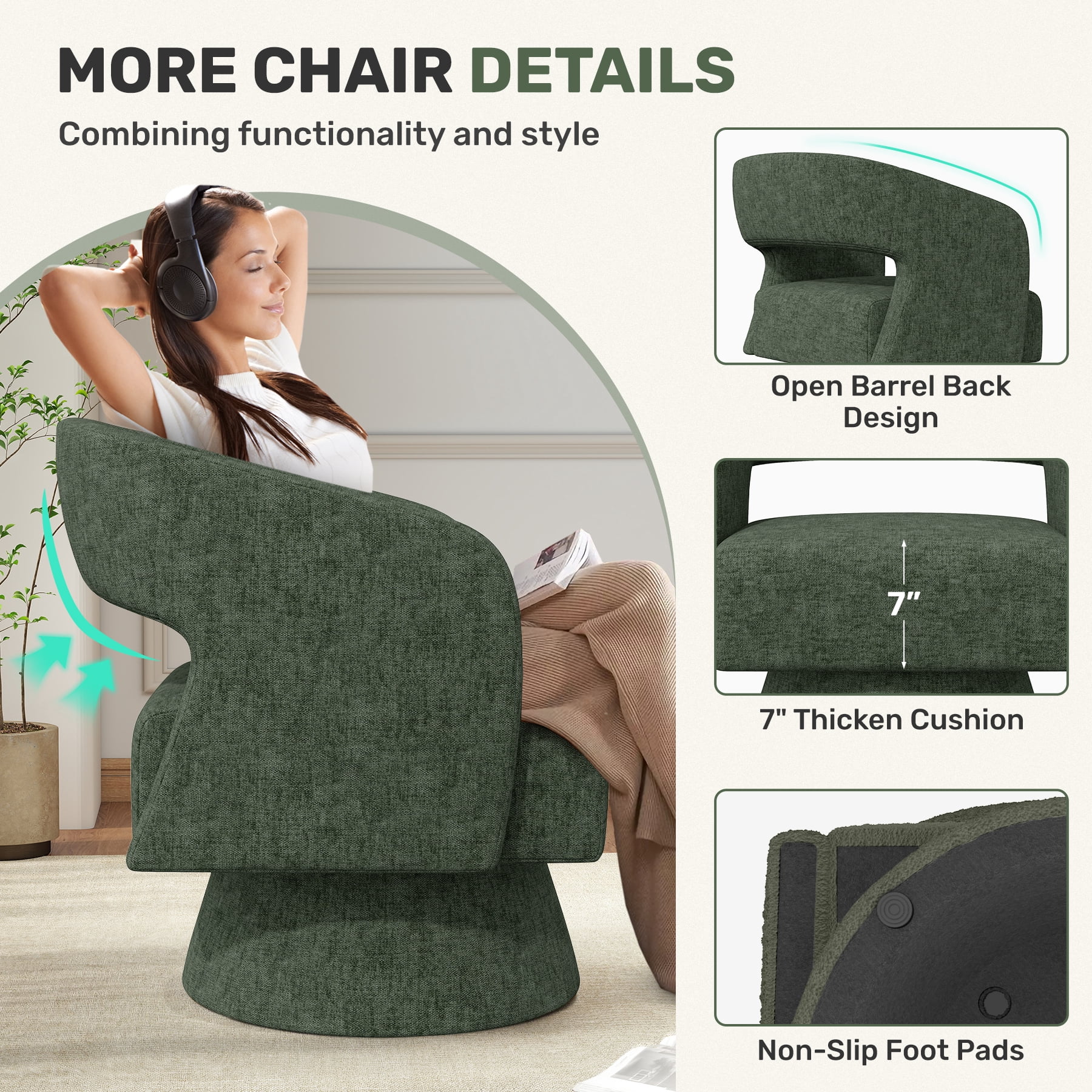 MOONMISS Oversized Chenille Swivel Barrel Accent Chair,Modern Comfy Round Arm Upholstered Armchair for Living Room,Green