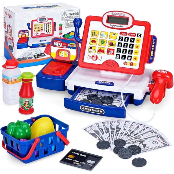 Toy Cash Register for Kids with Scanner, Play Money, Credit Card, Shopping Basket, Pretend Play Toys for Toddler 3-5-7 Years Old Boys and Girls