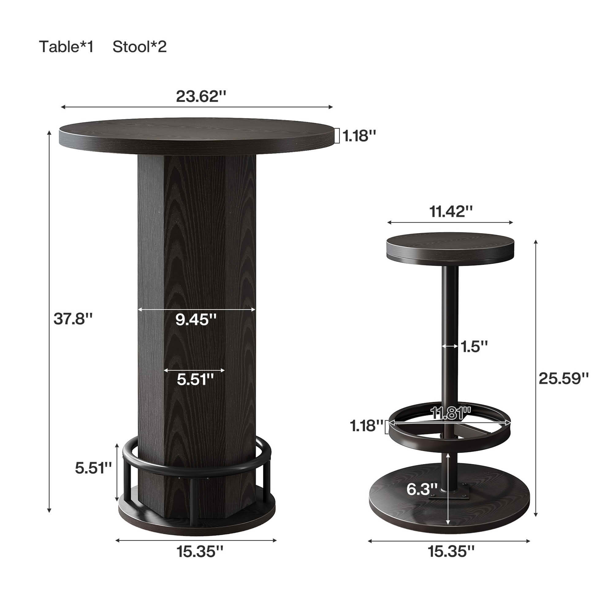 MAYEERTY Bistro Set with 2 Barstools, Round Pub Cocktail Table and Chairs, Modern Farmhouse Industrial Bar Height Dining Set for Small Space