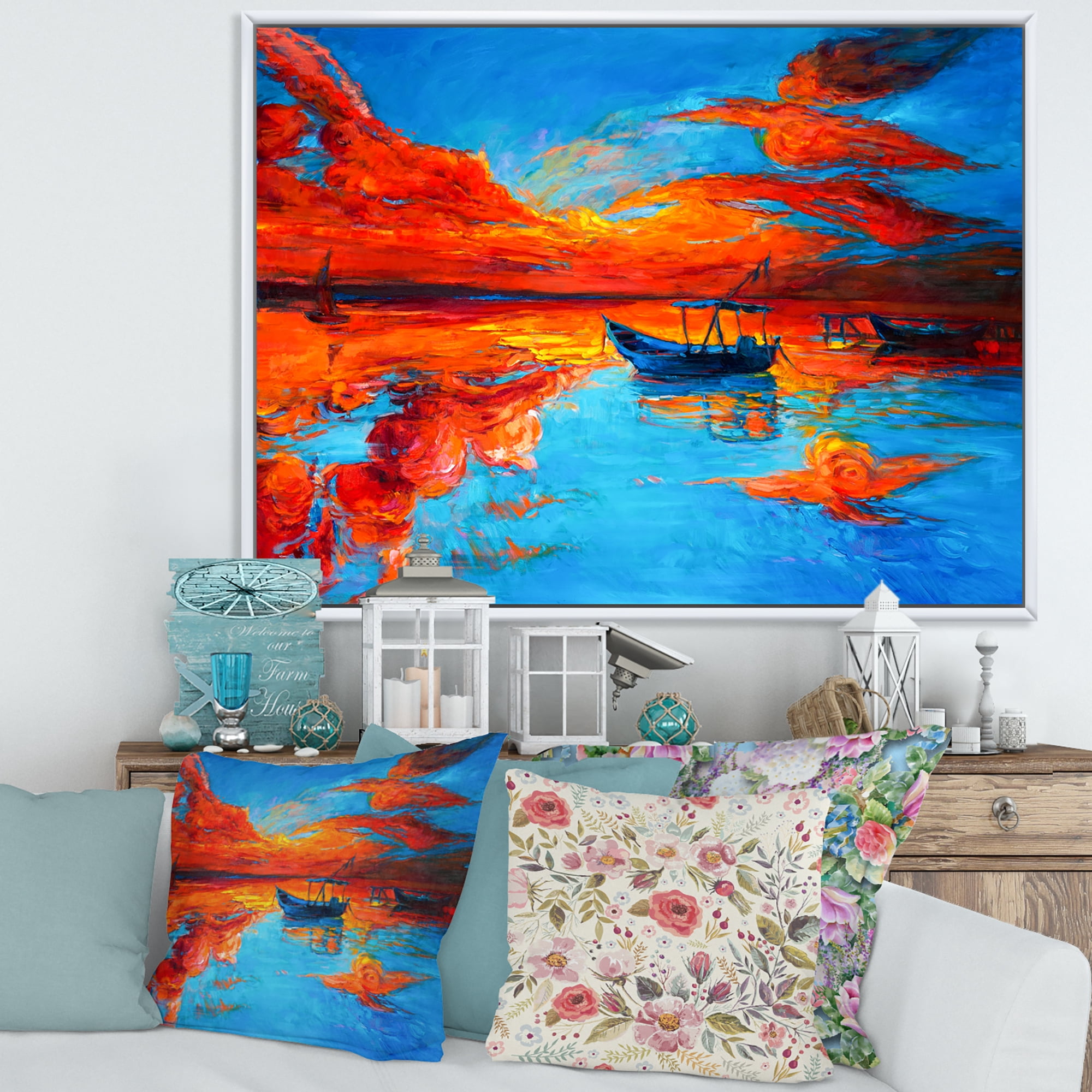Boats During Warm Sunset Resting On The Water VI 40 in x 30 in Framed Painting Canvas Art Print, by Designart