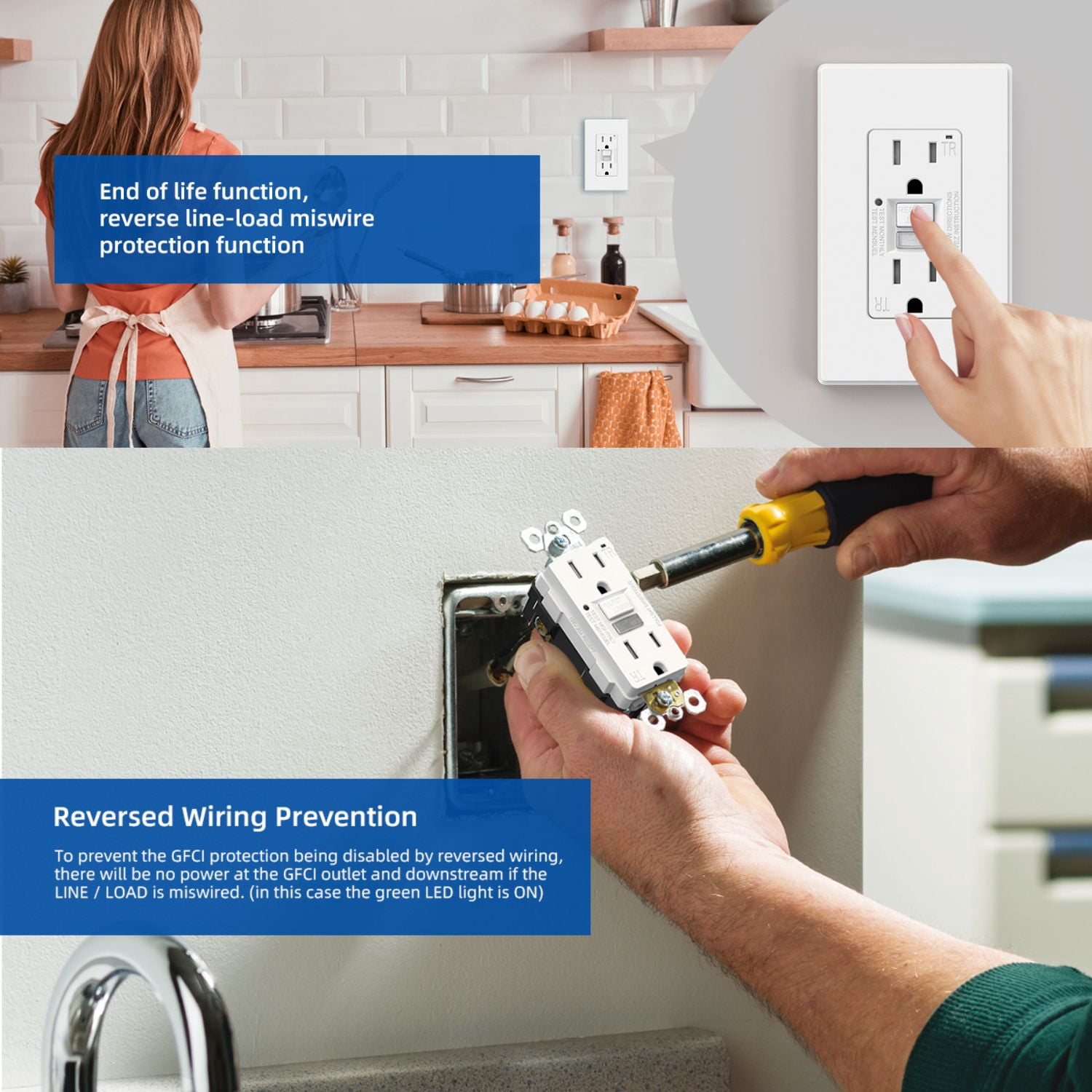 ELEGRP GFCI Outlet w/Nightlight, 15 Amp Self-Test GFI Electrical Outlet, Thinner Design, Tamper Resistant GFCI Receptacle, Ground Fault Receptacle w/Screwless Wall Plate, UL Listed, White 6PC