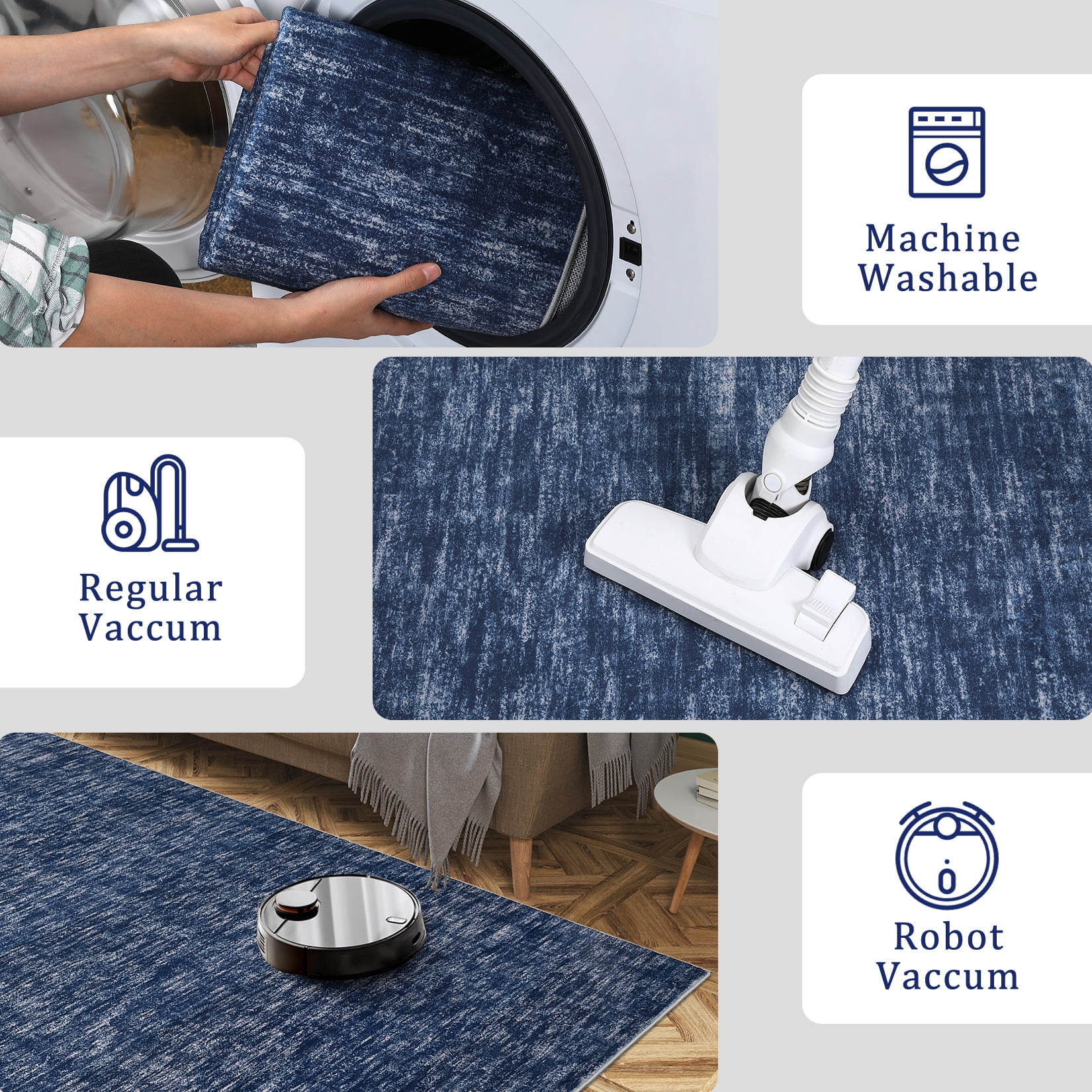 FairOnly 10'x13'Modern Abstract Non Slip Non Shedding Area Rug Solid Texture Machine Washable Rug for Living Room Bedroom Dining Room，Blue