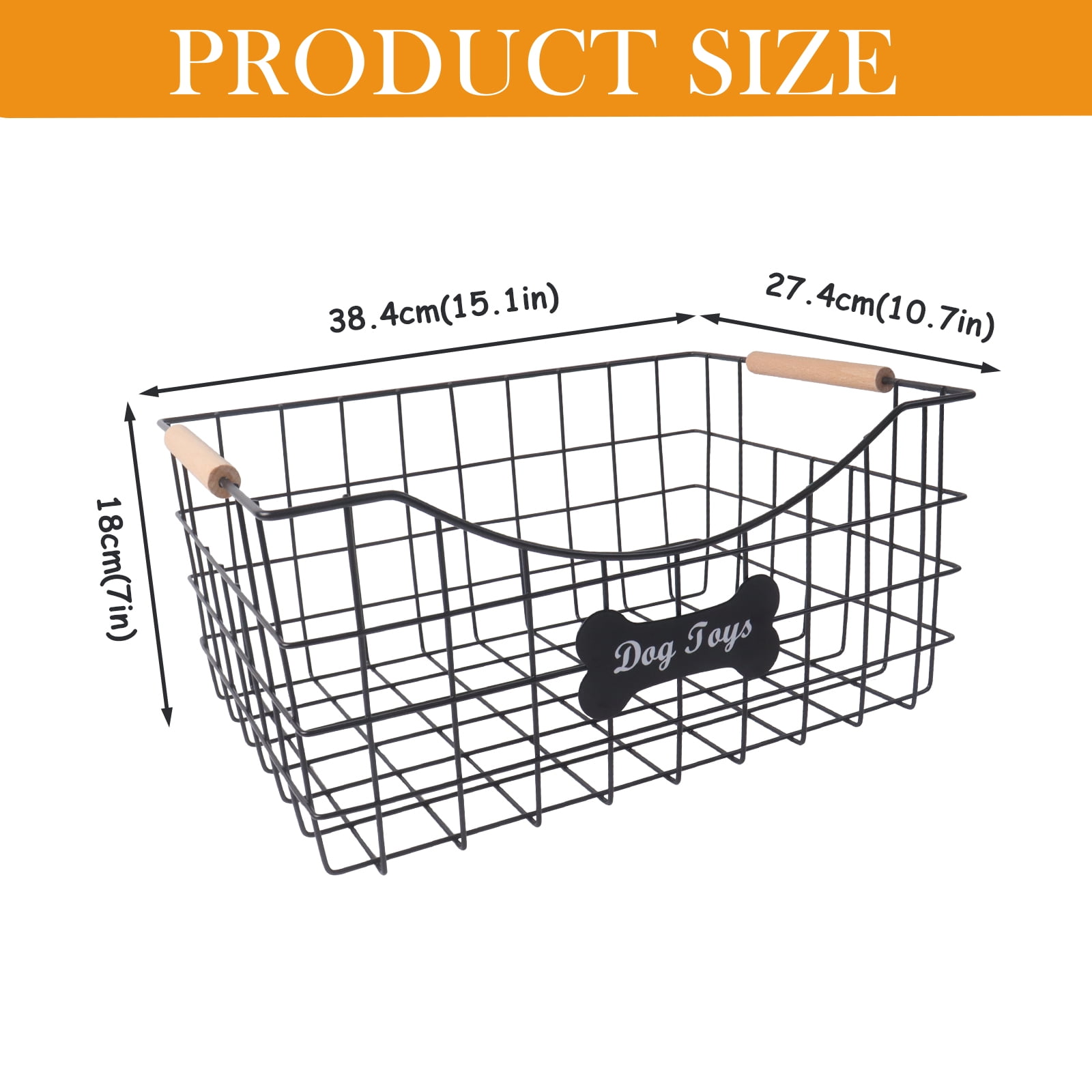 Brabtod Metal Wire Dog Toy Storage Basket - Rectangular Large-Capacity Organizer with Wooden Handles for Pet Toys, Treats, Leashes & Plushies