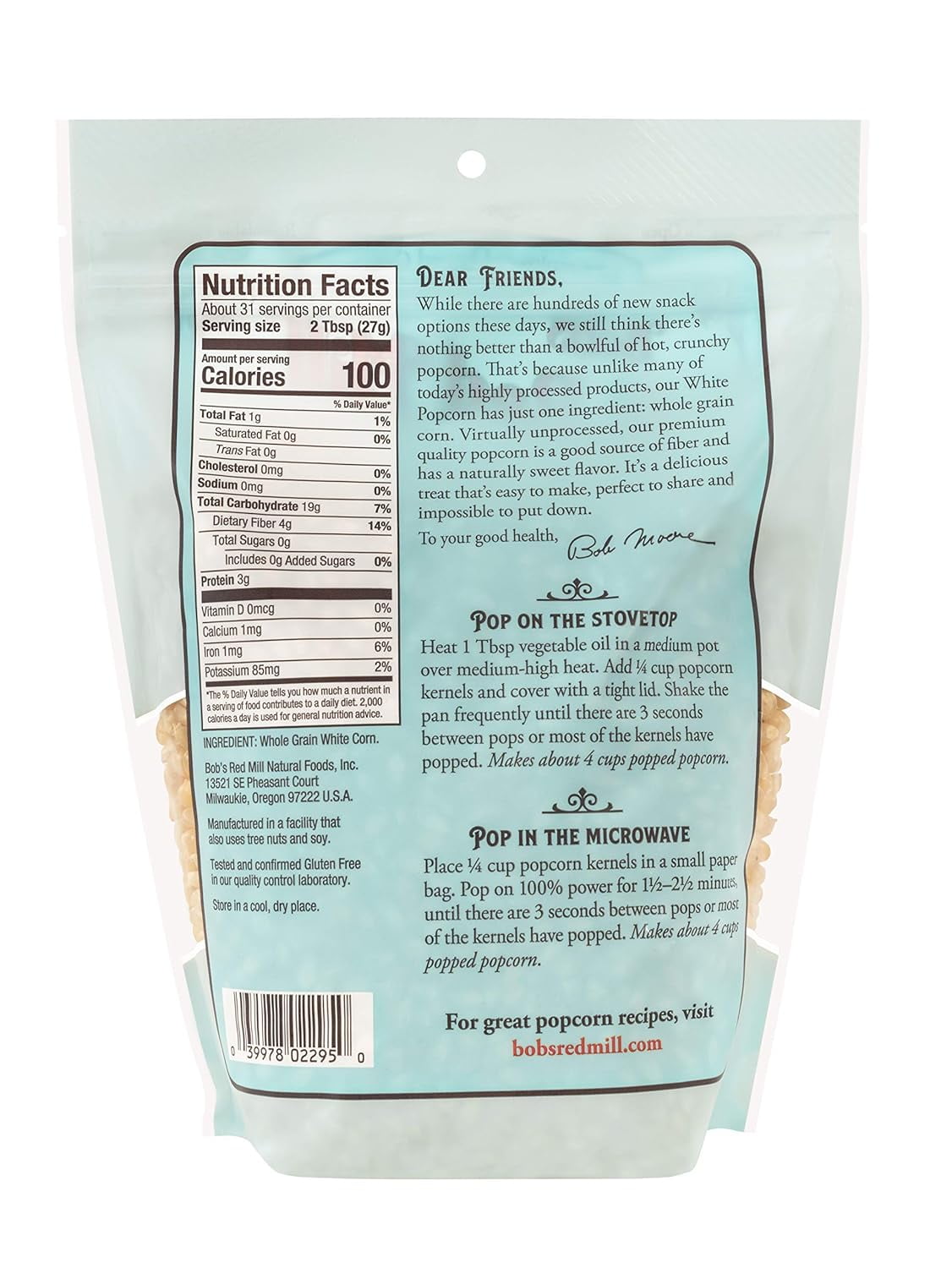 Bob's Red Mill Resealable Whole Grain Snack, Kernel White Popcorn, 30oz (3 Pack)